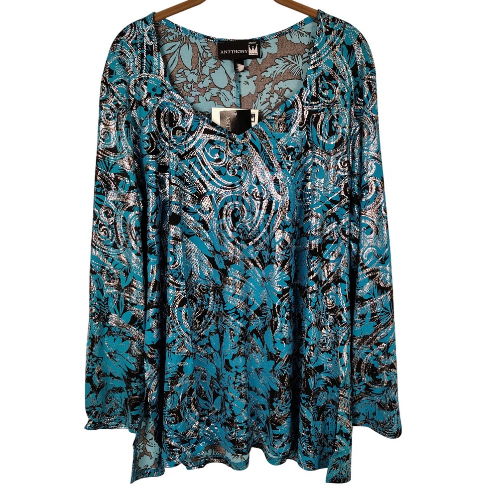Antthony Women 1X Tunic Top Turquoise Silver Metallic Paisley Floral V-Neck